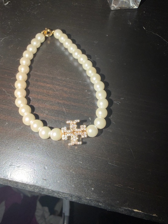 Tory Burch Jewelry - Tory Burch Pearl Necklace with Gold Crystal Logo Accent